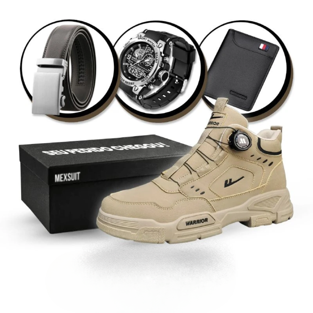 Kit Bota Militar Warrior Masculina de Couro Legitimo + 3 BRINDES: Cinto, Relógio e Carteira